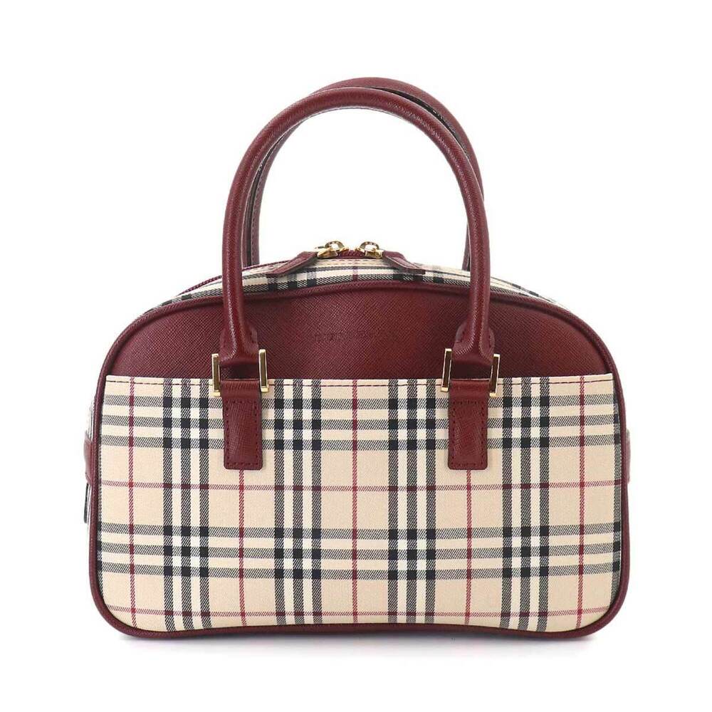 Burberry Nova Check Mini Boston Handbag, Canvas and Leather, Beige/Bordeaux.